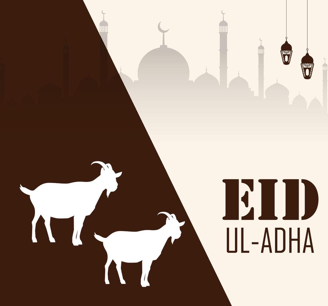 Eid Al Adha mubarak with cute Goat animal, The holiday occurs after the culmination of the annual Hajj. Feast of the Sacrifice. vector