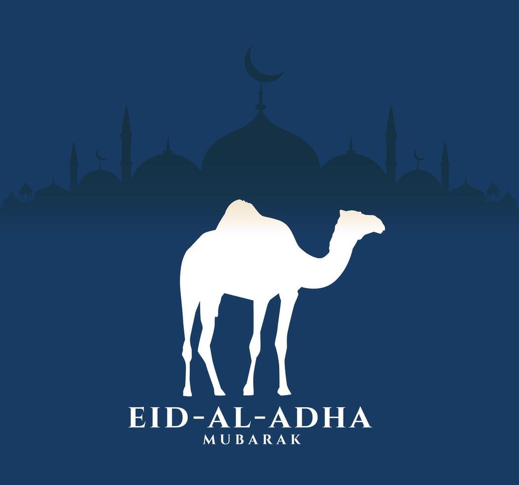 Eid Al Adha festival nGreeting card with sacrificial camel and crescent on cloudy night background Eid Mubarak theme vector