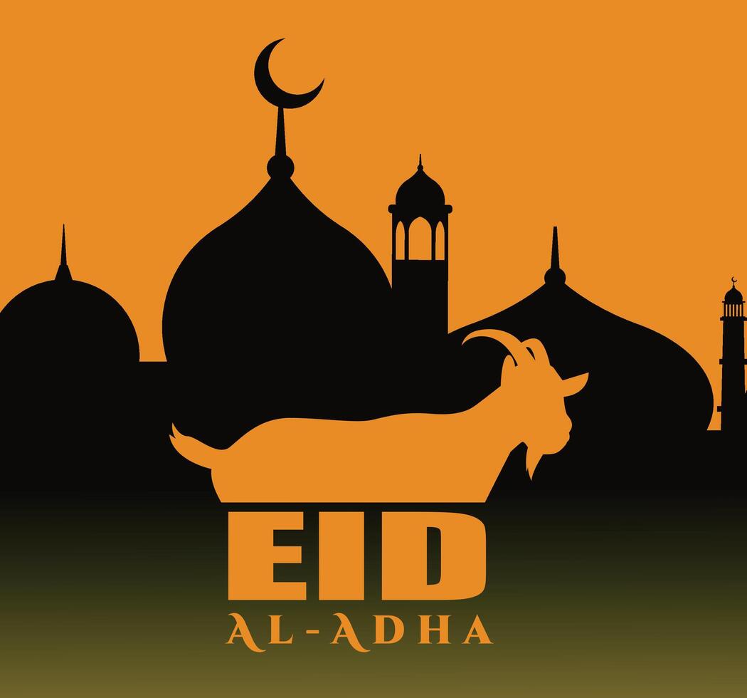 Eid Al Adha Mubarak with Crescent Moon, Goat and Lanterns as Background. vector