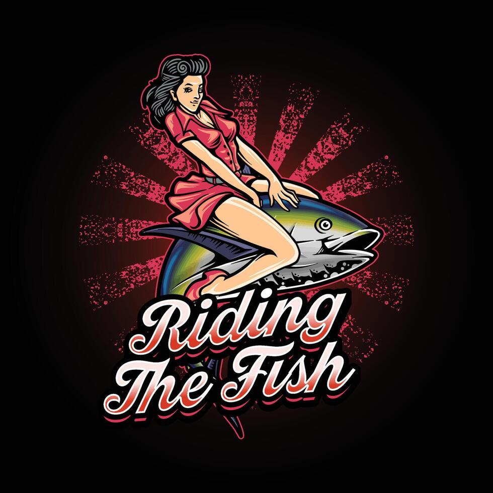 un mujer montando un pescado Clásico estilo ilustración para camiseta vector