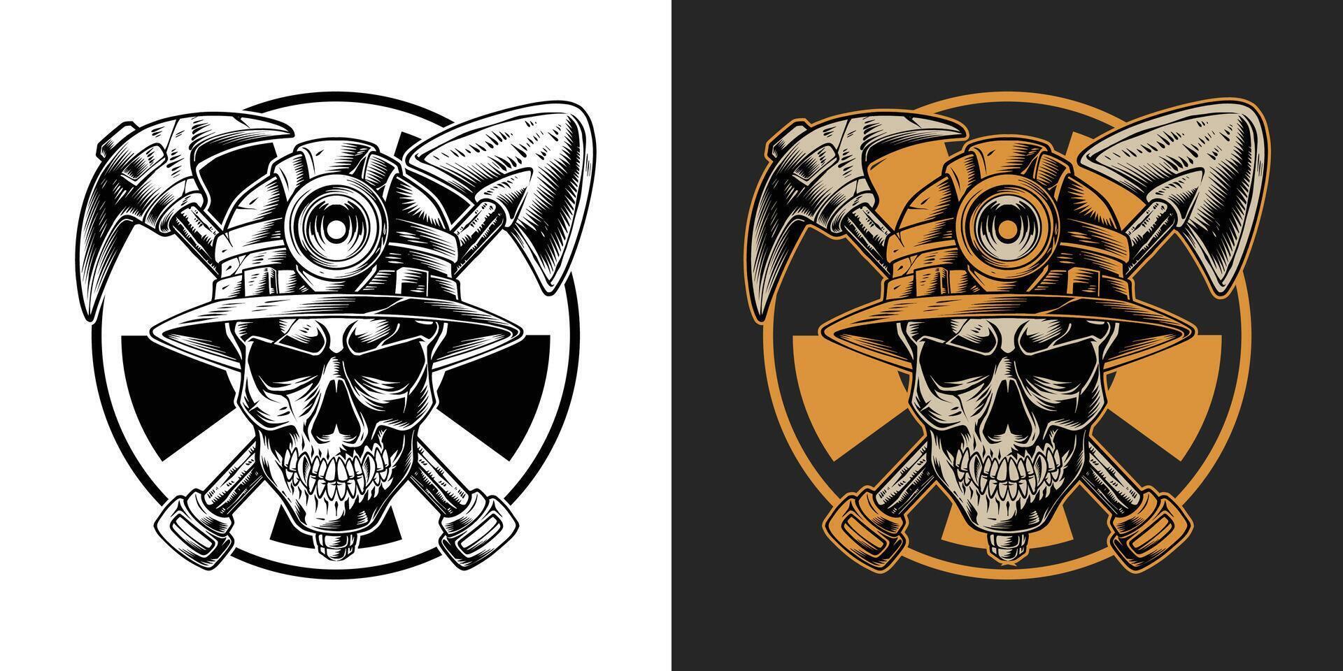 Skull wearing construction helmet logo vintage style illustration vector