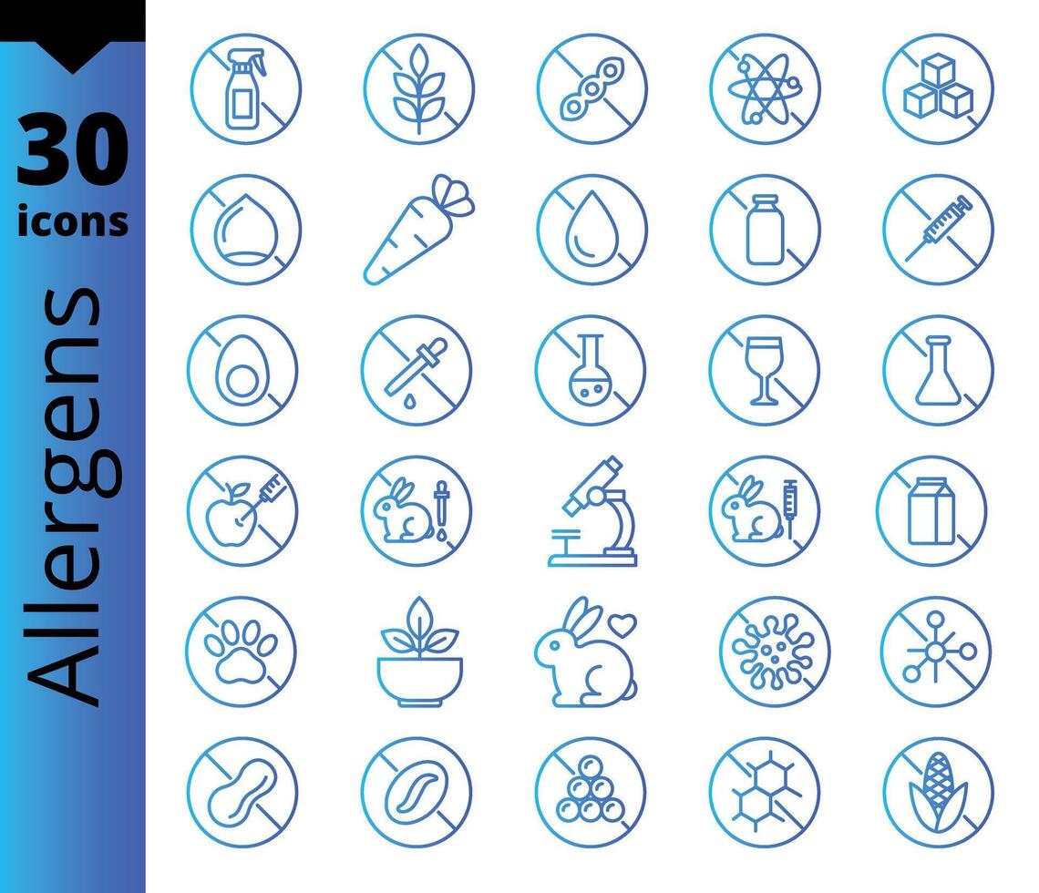 The set of icons contains a variety of allergens displayed in electric blue, organized in circles and lines vector