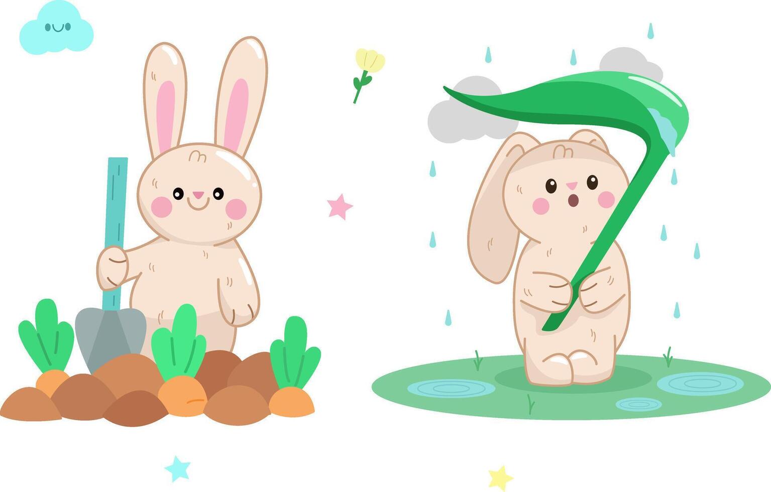 Colorful illustrations of a cute bunny character in kawaii style, perfect for adding charm and playfulness to your projects. Ideal for children's books, merchandise, and more vector