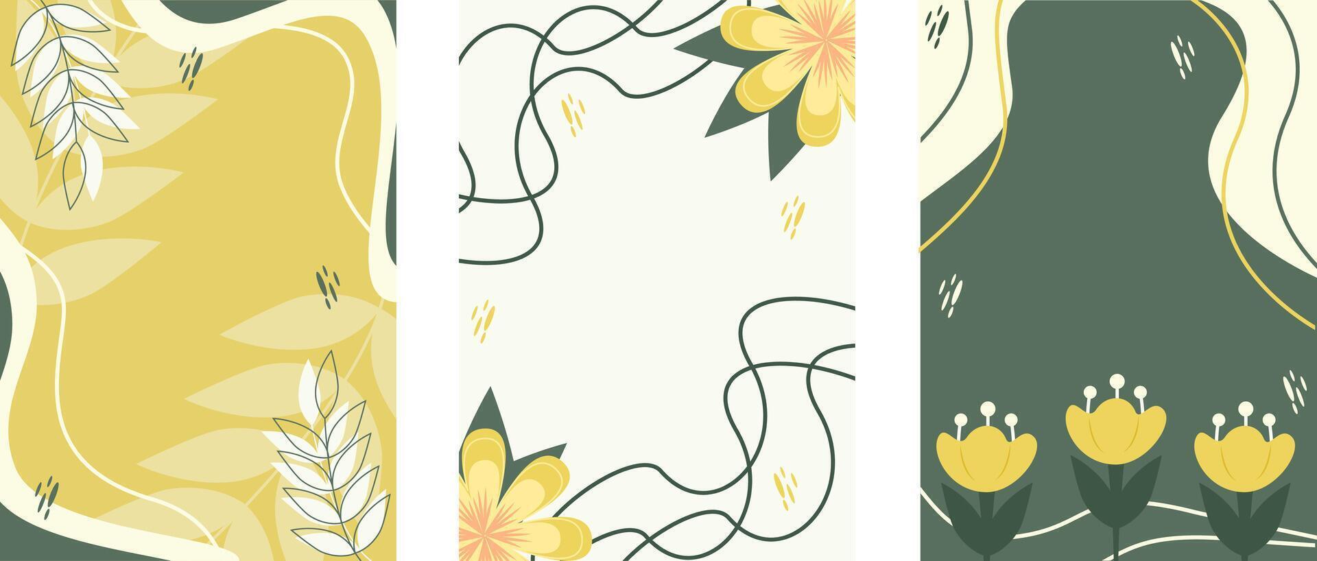 set of backgrounds with flowers and lines, green and yellow, illustration, for social networks, mockups and print vector