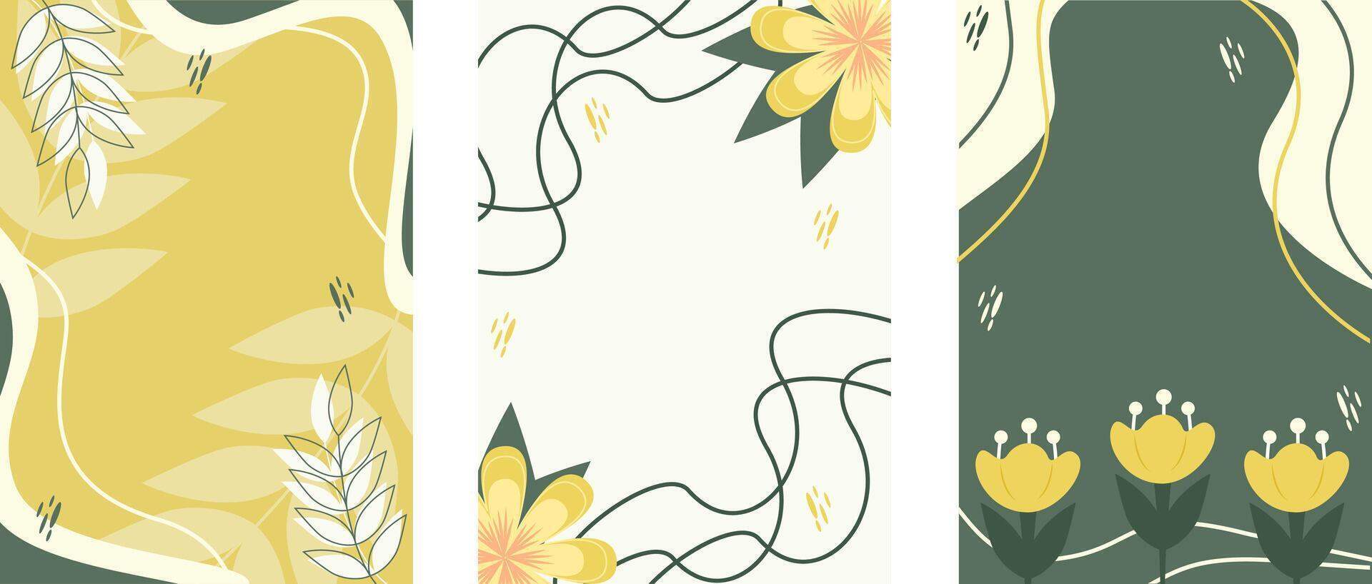 set of backgrounds with flowers and lines, green and yellow, illustration, for social networks, mockups and print vector