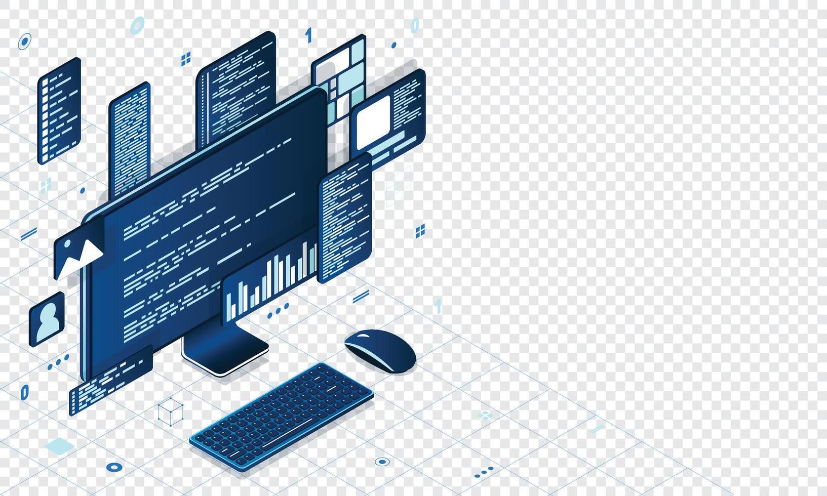 Computer technology isometric illustration. Desktop computer platforms. Software programming coding concept. Code with computer monitor vector