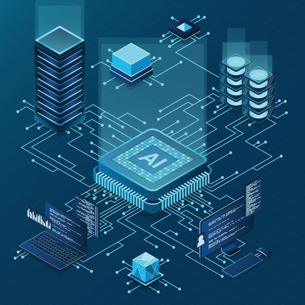 Isometric artificial intelligence chip concept. Artificial Intelligence server. Futuristic microchip processor. Isometric cloud computing. illustration vector