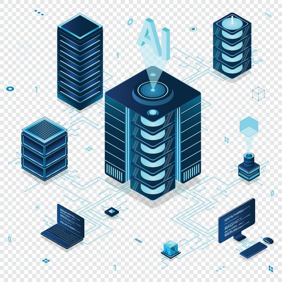 Isometric artificial intelligence technology. Isometric cloud computing concept. Artificial intelligence neural network future technology. Server computers vector