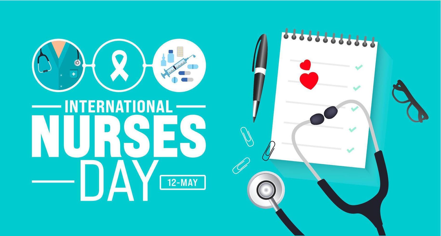 12 May is International Nurses Day background template. nurse dress, medical instrument, medicine, Medical and health care concept. use to background, banner, placard, card, and poster design. vector