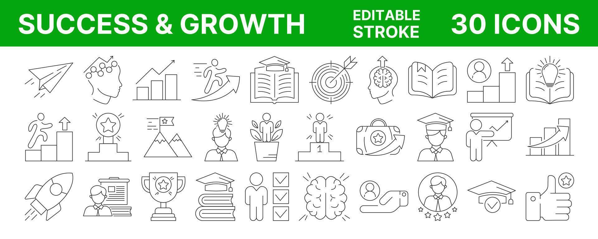 Success and personal, professional, financial or career growth, upskilling. Linear icon set, editable stroke. Business, education collection with progress, goal achievement, motivation symbols vector