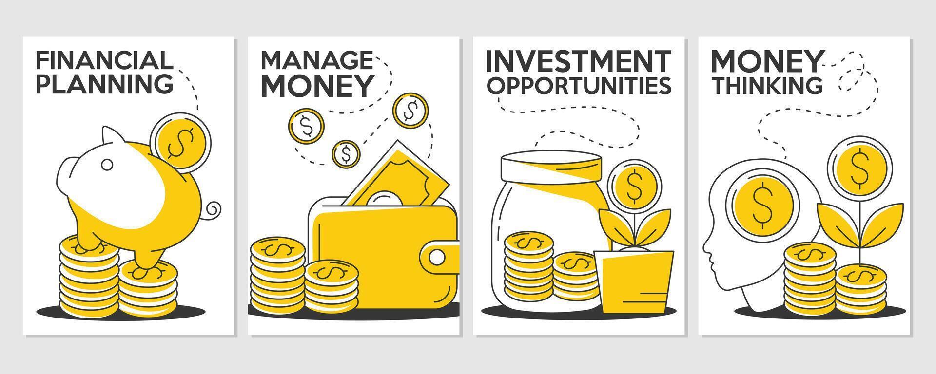 conjunto de minimalista negocio y Finanzas póster. financiero planificación, dinero pensamiento, inversión oportunidades, gestionar dinero concepto. para bandera, motivación, anuncio publicitario, a4 formato. vector