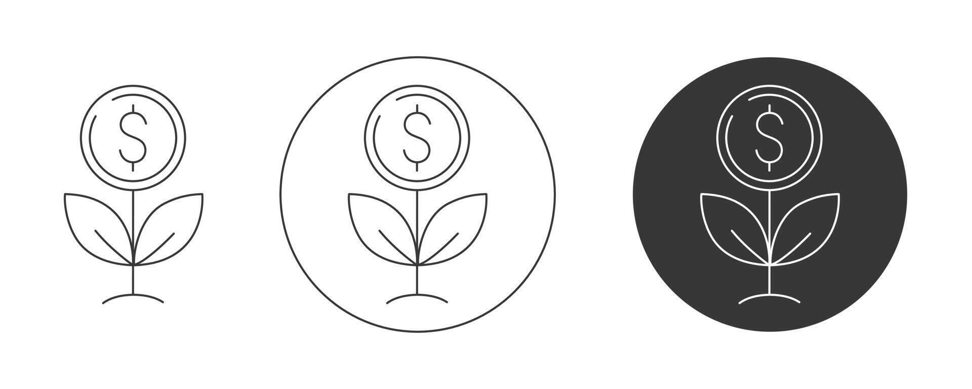 Money tree, plant with coin, dollar sign. Icon set, editable stroke. Flat line, pictogram. Finance and business concept. For app, website, ui. Isolated background. vector