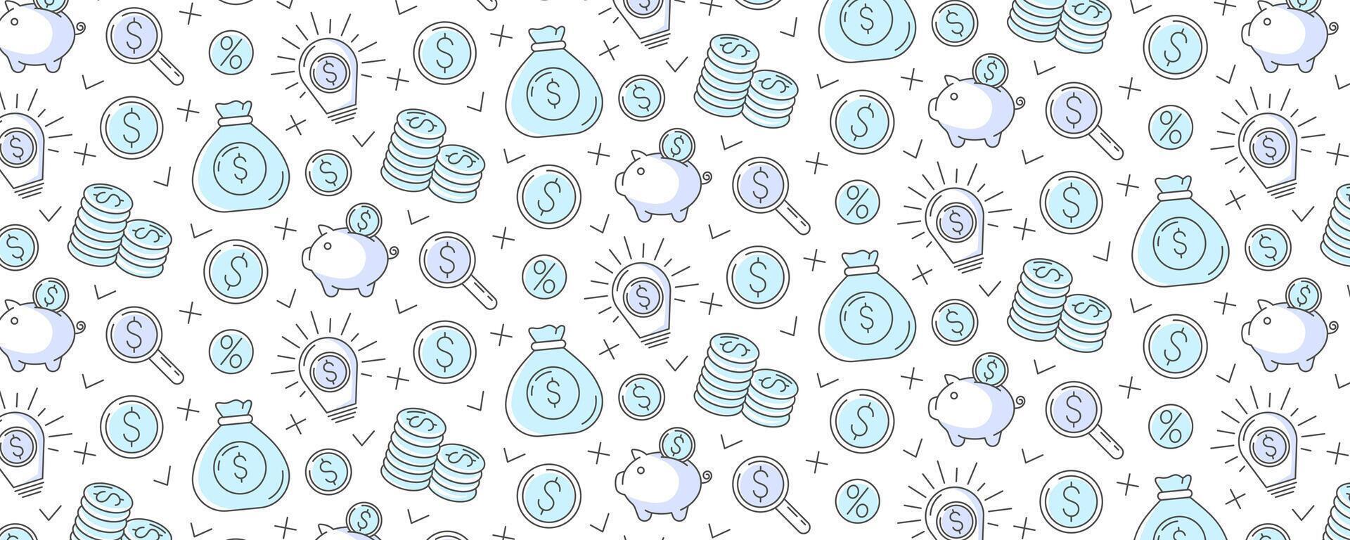 Business and finance seamless pattern with flat blue line icons of piggy bank, stack of coins, dollar sign, magnifying glass, money bag, light bulb with money idea. For cover, wrapping paper vector