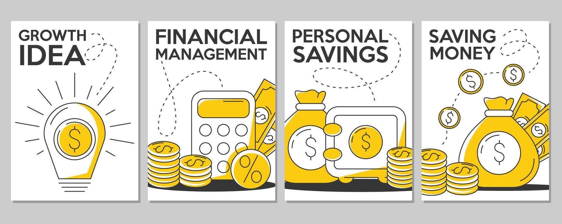 Set of minimalist business and finance poster. Financial management, saving money, personal savings, growth idea concept. For banner, motivation, advertisement, a4 format. vector