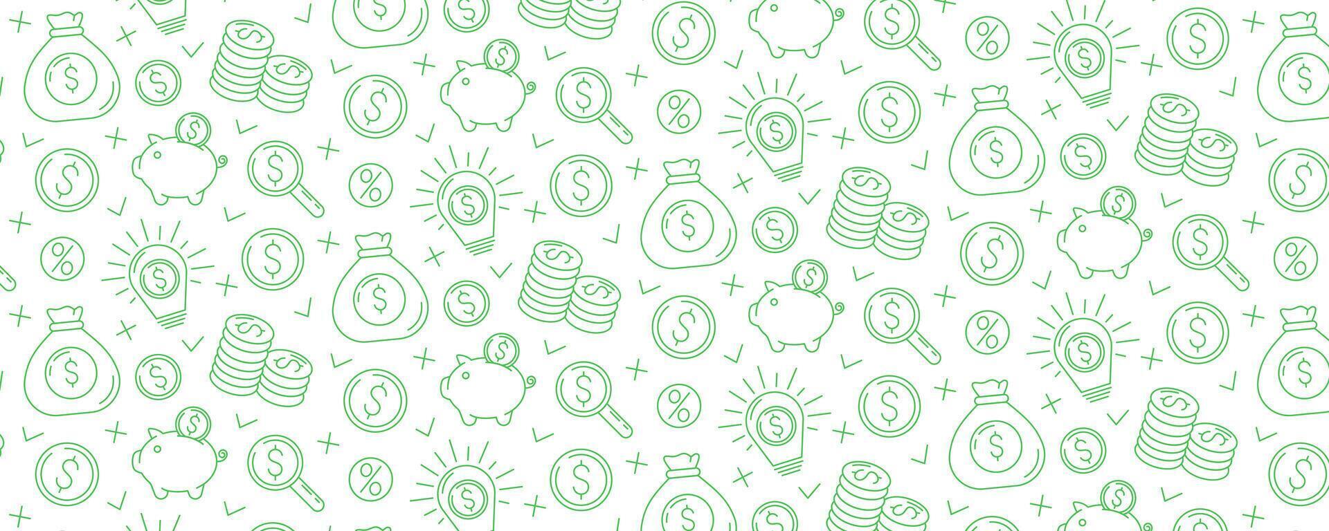 Business and finance seamless pattern with flat green line icons of piggy bank, stack of coins, dollar sign, magnifying glass, money bag, light bulb with money idea. For cover, wrapping paper vector