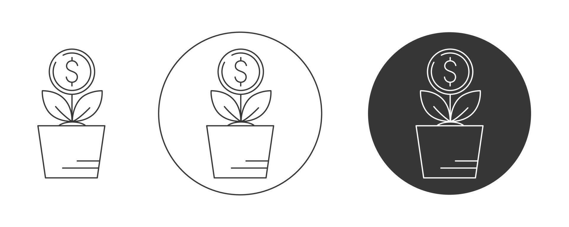 Money tree in a pot, plant with coin, dollar sign. icon set, editable stroke. Flat line, pictogram. Finance and business concept. For app, website, ui. Isolated background. vector