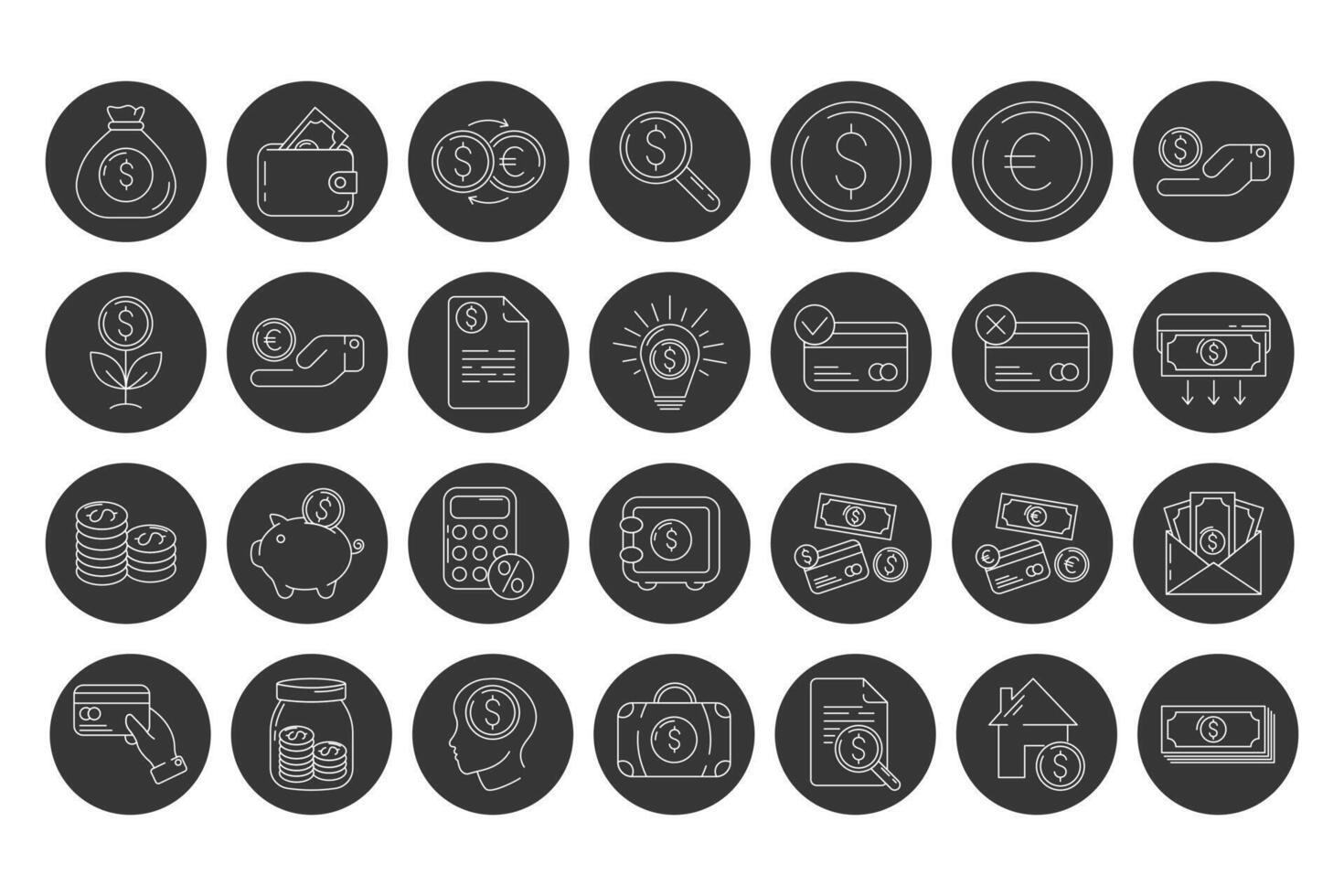 Money and payment methods, white outline icon set with black round frame. Business and finance collection with cash, coin, banking, card, exchange, saving, transaction symbol. vector