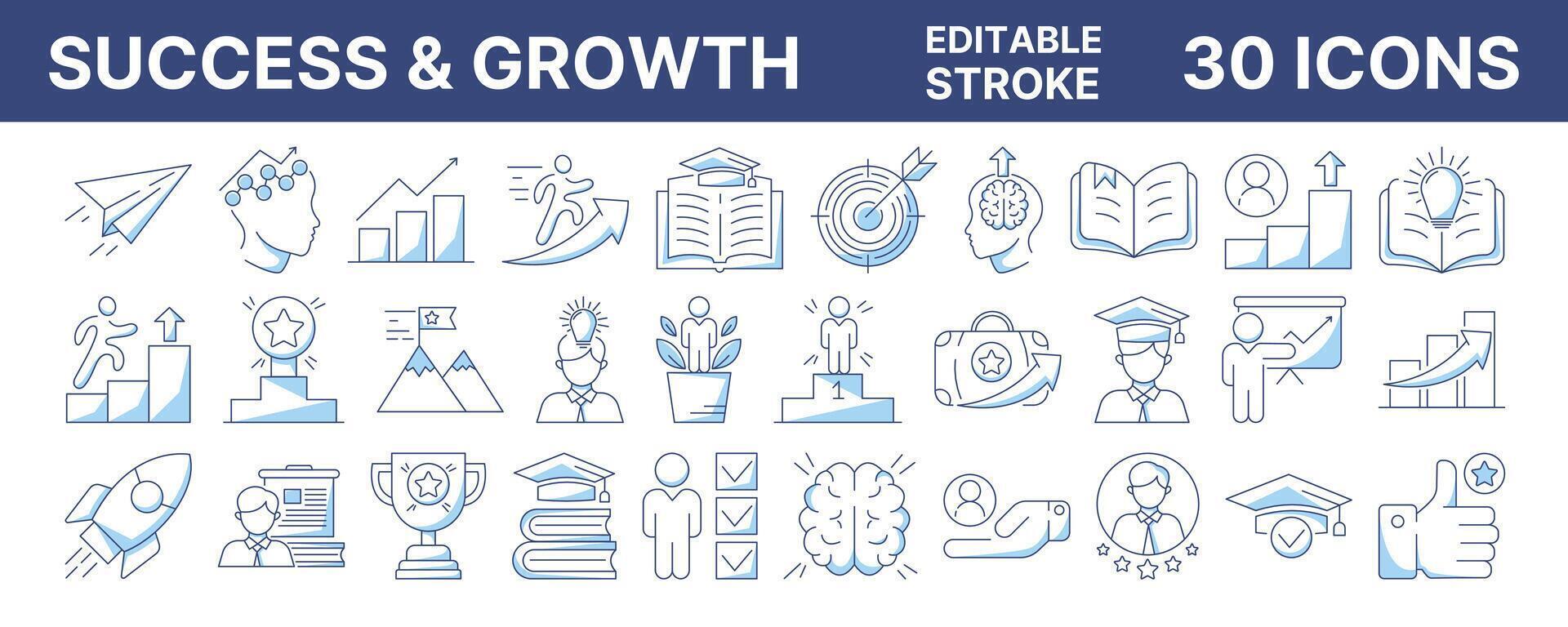 Success and personal, professional, financial or career growth, upskilling. Linear icon set, editable stroke, color. Business, education collection, progress, goal achievement, motivation signs vector