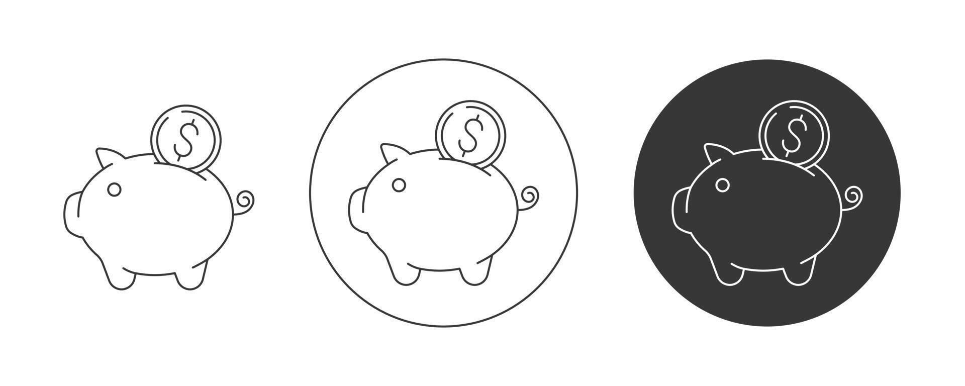 Piggy bank, coin with dollar sign. icon set, editable stroke. Flat line, pictogram. Finance and business concept. For app, website, ui. Isolated background. vector