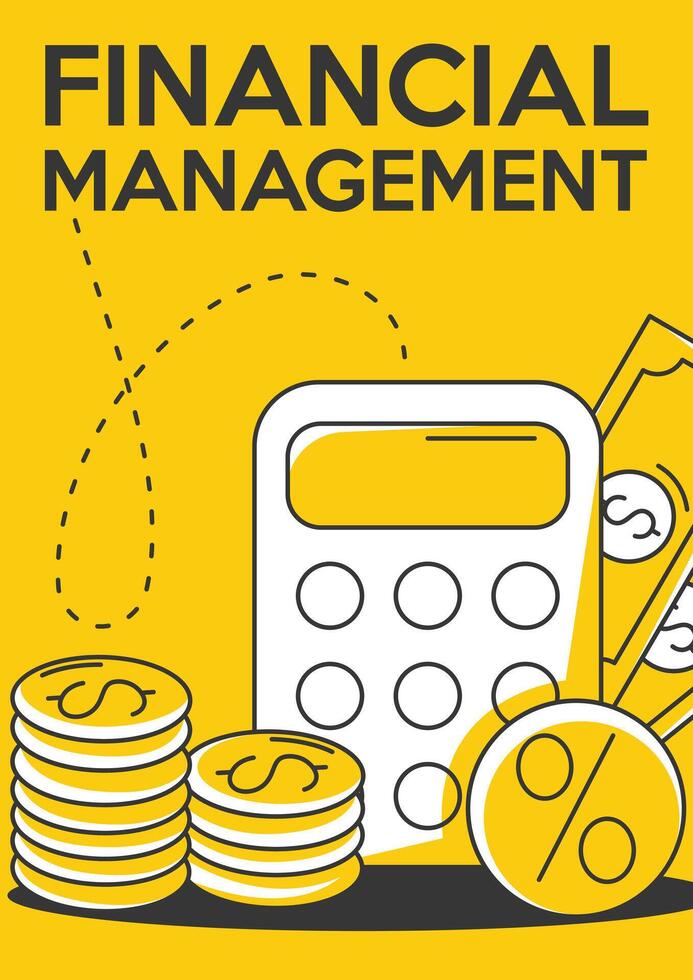 Calculator with percent sign, stack of coins and cash, minimalist poster, a4 format. Budget savings, business strategy, manage finance creative concept. For banner, advertisement, cover, web vector
