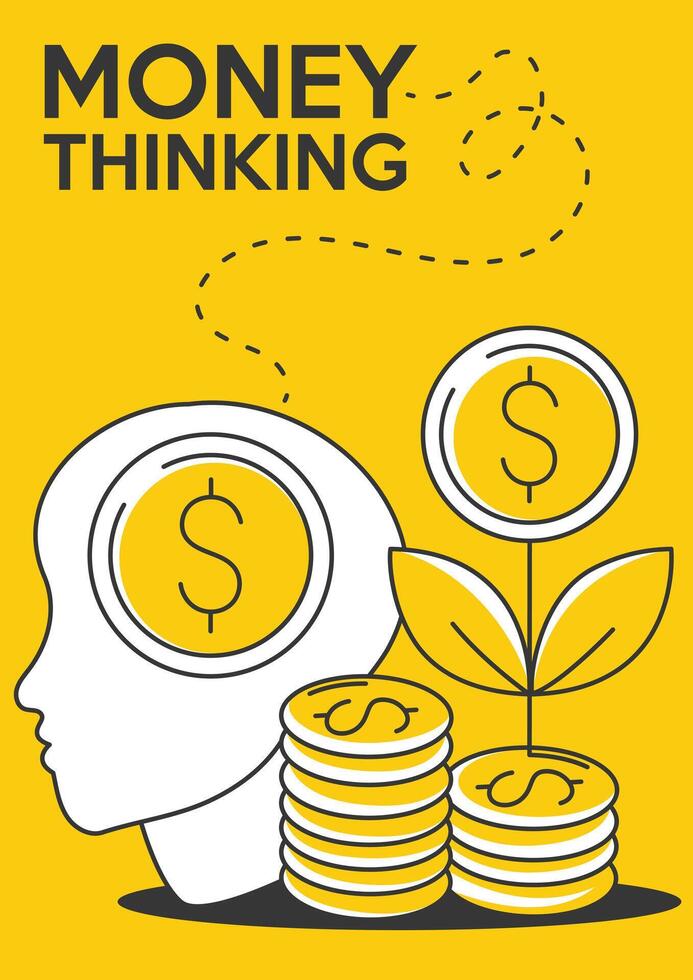 Silhouette of a head, a stack of dollar coins and a growing money tree, minimalist poster, a4 format. Money thinking creative concept. For banner, advertisement, cover, web vector