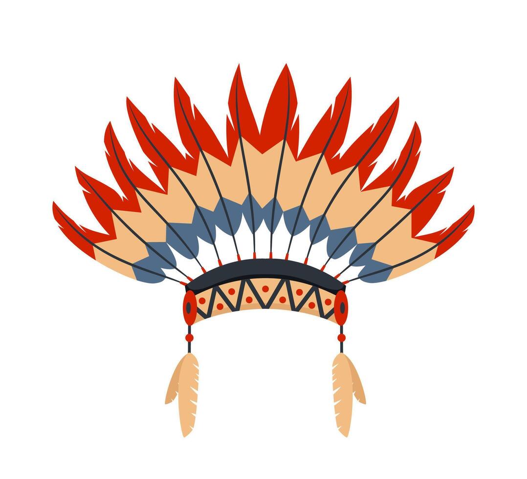 Chiefs War Bonnet With Feathers, Native American Indian Culture Symbol, Ethnic Object From North America. vector