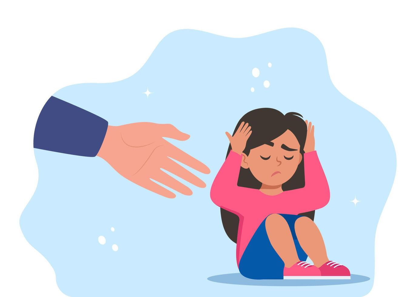 Human hand helps unhappy and sad kid in depression sitting. Mental health concept. vector