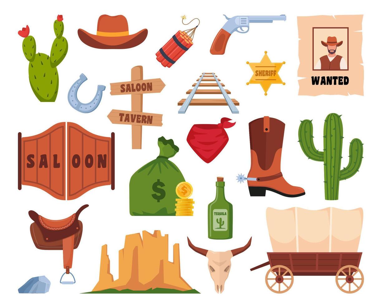 Wild West icons, set. Western and cowboy elements. Signboard, saloon door, wanted poster, sheriff badge, cactus, cow skull, cowboy hat, revolver, wagon. Texas symbols. vector