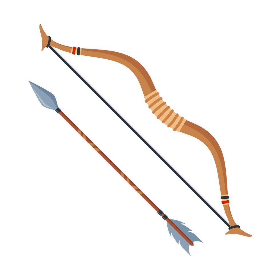de madera caza arco y flecha. caza militar equipo, antiguo medieval armas, pluma arco indio tensado cuerda del arco. vector