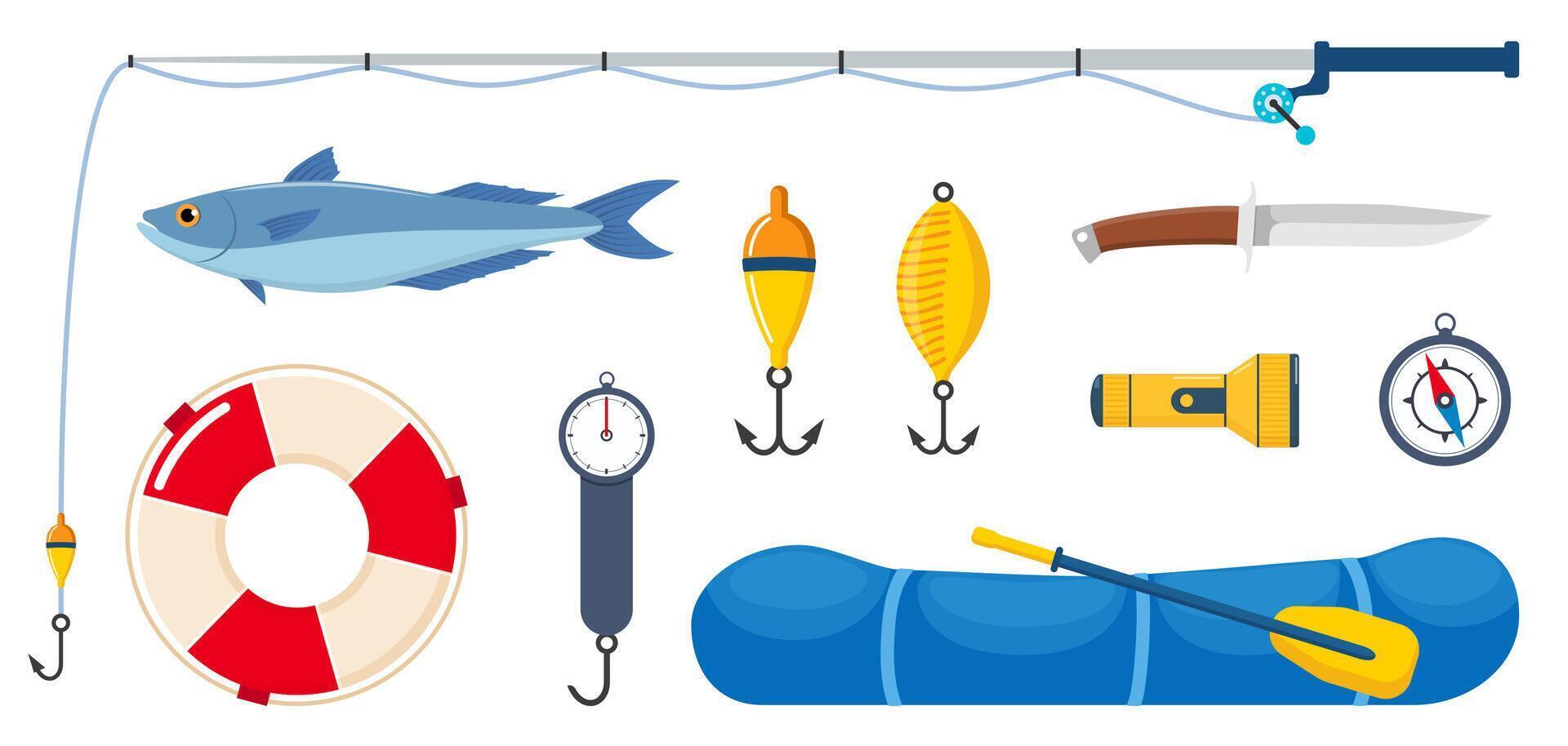 Equipment and tools for fishing. Fishing rod, float, inflatable rubber boat, landing net, fishers clothes, hook, fish, hat, flashlight, boots. Outdoor activity, recreation, hobby. illustration. vector