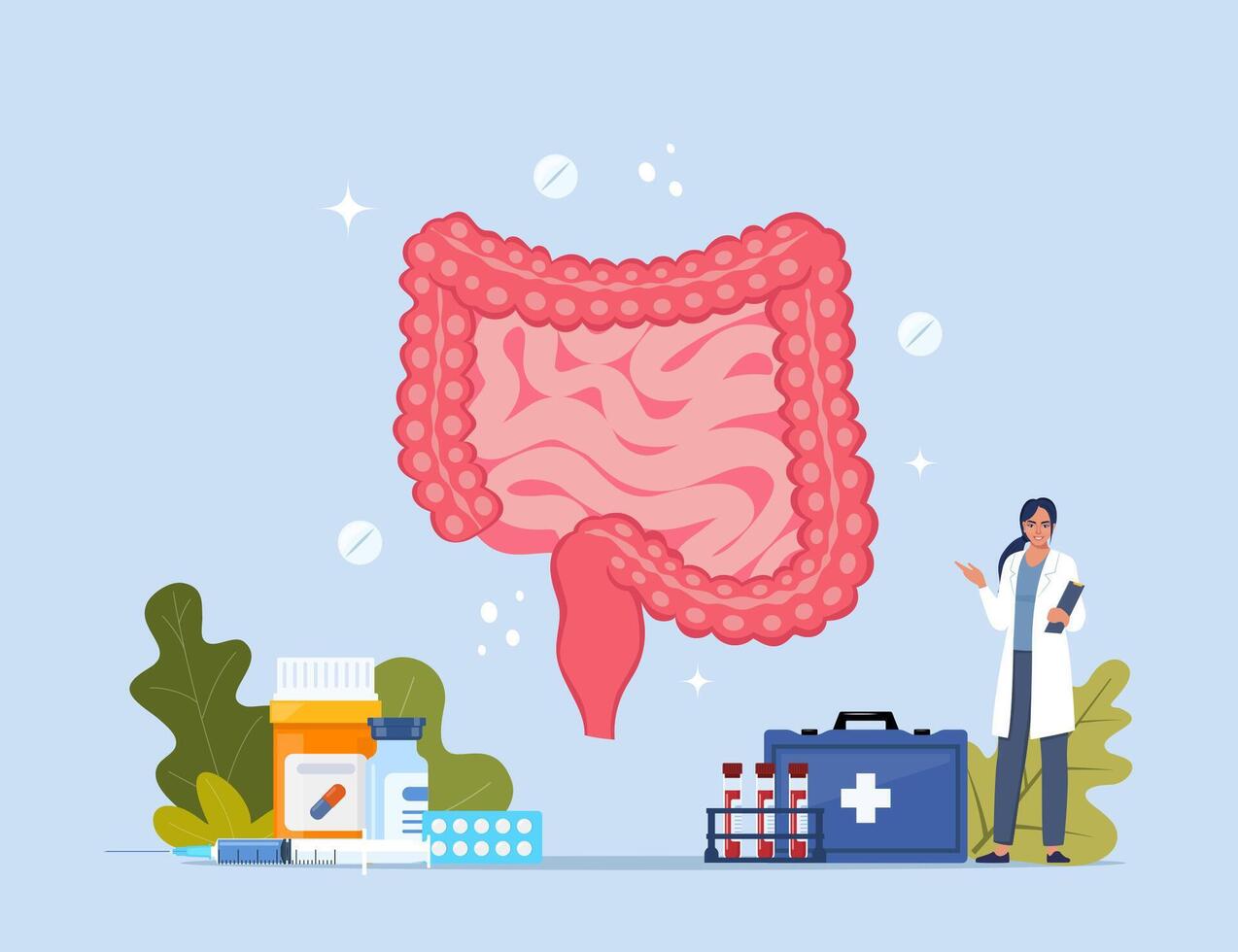 Human intestine. Inner organs disease treatment. Modern design concept with tiny doctor character, medical drugs, equipment, analysis. Illustration. vector