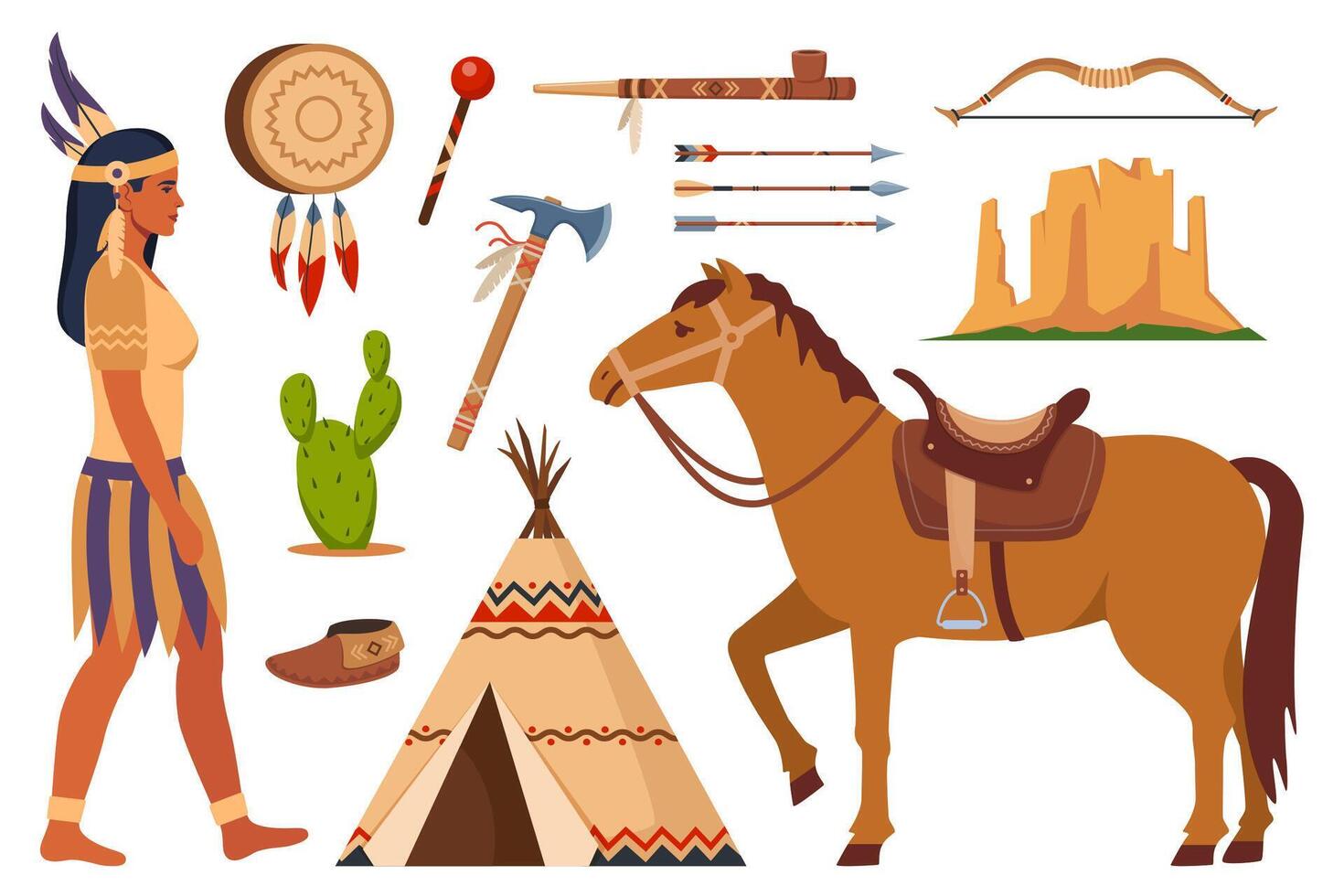 nativo americano indios y tradicional ropa colocar, armas y cultural simbolos arco, flechas, pandereta, tienda india, mocasines, tomahawk, paz tubo. vector