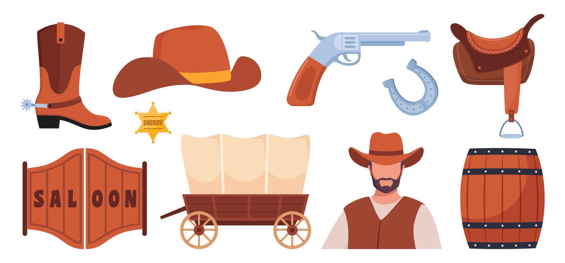 Wild West icons, set. Western and cowboy elements. Signboard, saloon door, wanted poster, sheriff badge, cactus, cow skull, cowboy hat, revolver, wagon. Texas symbols. vector