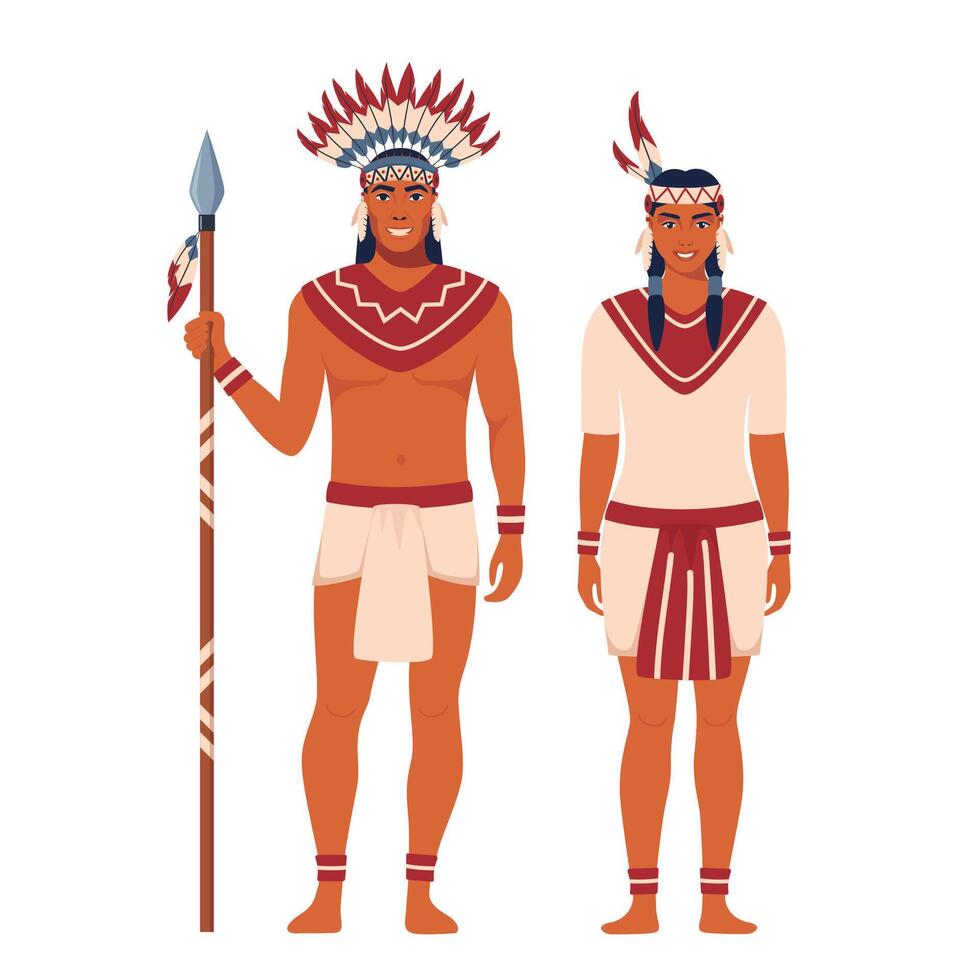 American Indians man and woman couple in traditional national clothes. Native americans wearing traditional costumes. Woman in national dress. Man in feather headdress and with a spear. vector