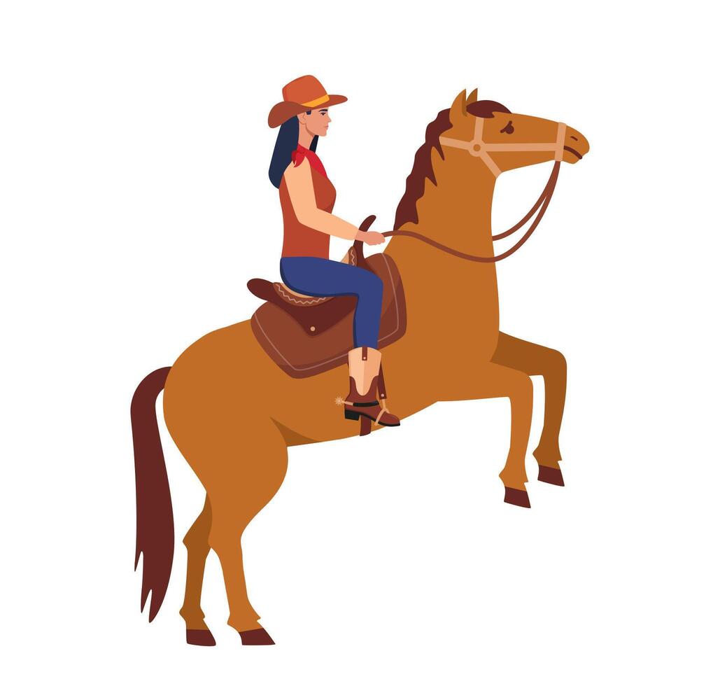 vaquero personaje paseo caballo. contento sonriente vaquero mujer personaje paseo caballo. vector