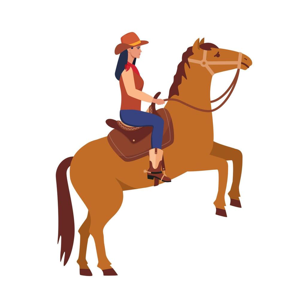 Cowboy character ride horse. Happy smiling cowboy woman character ride horse. vector