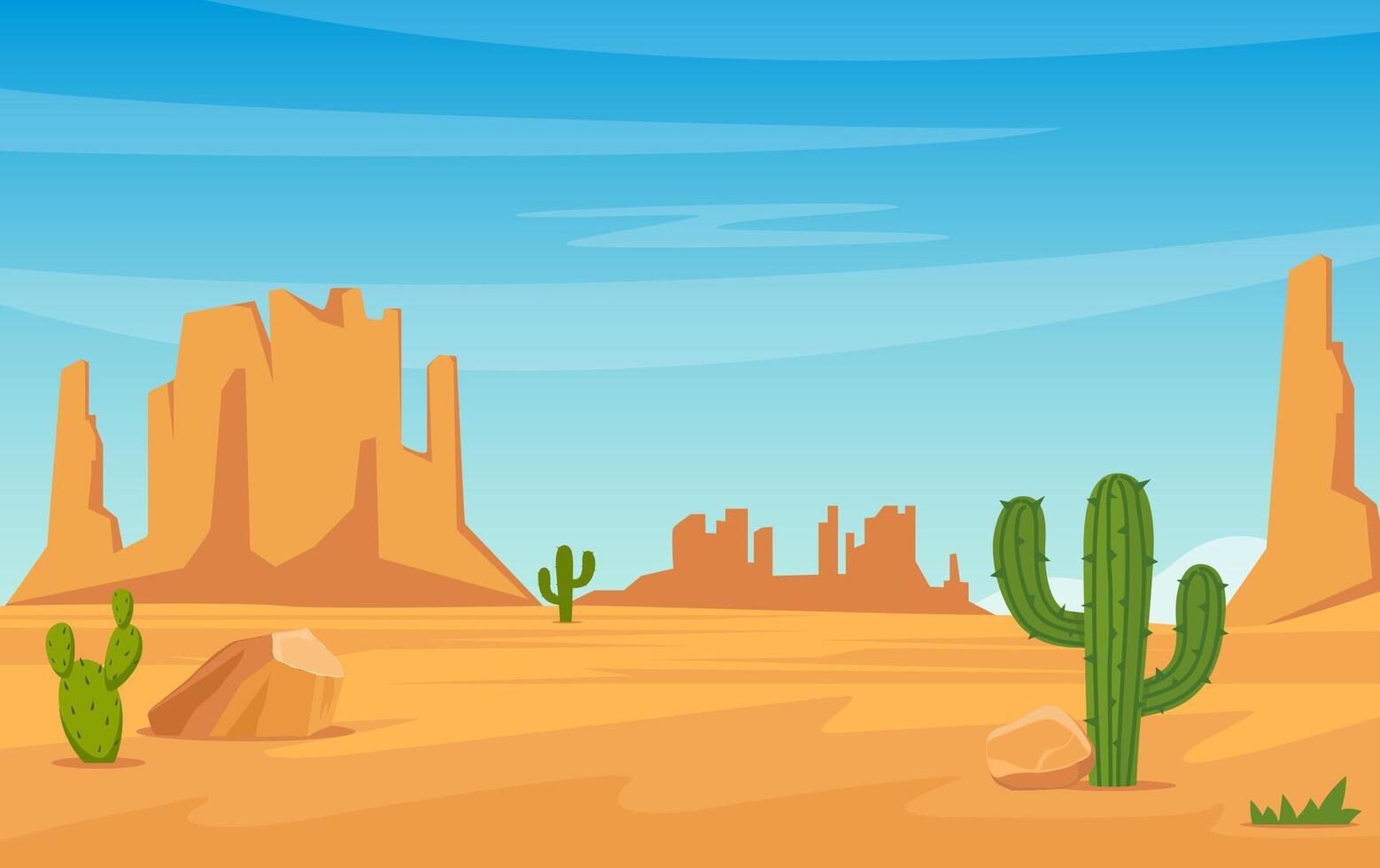 Texas desert landscape with cactuses, hills, plants and mountains. Western scene. Wild West Texas. Mexican desert. vector
