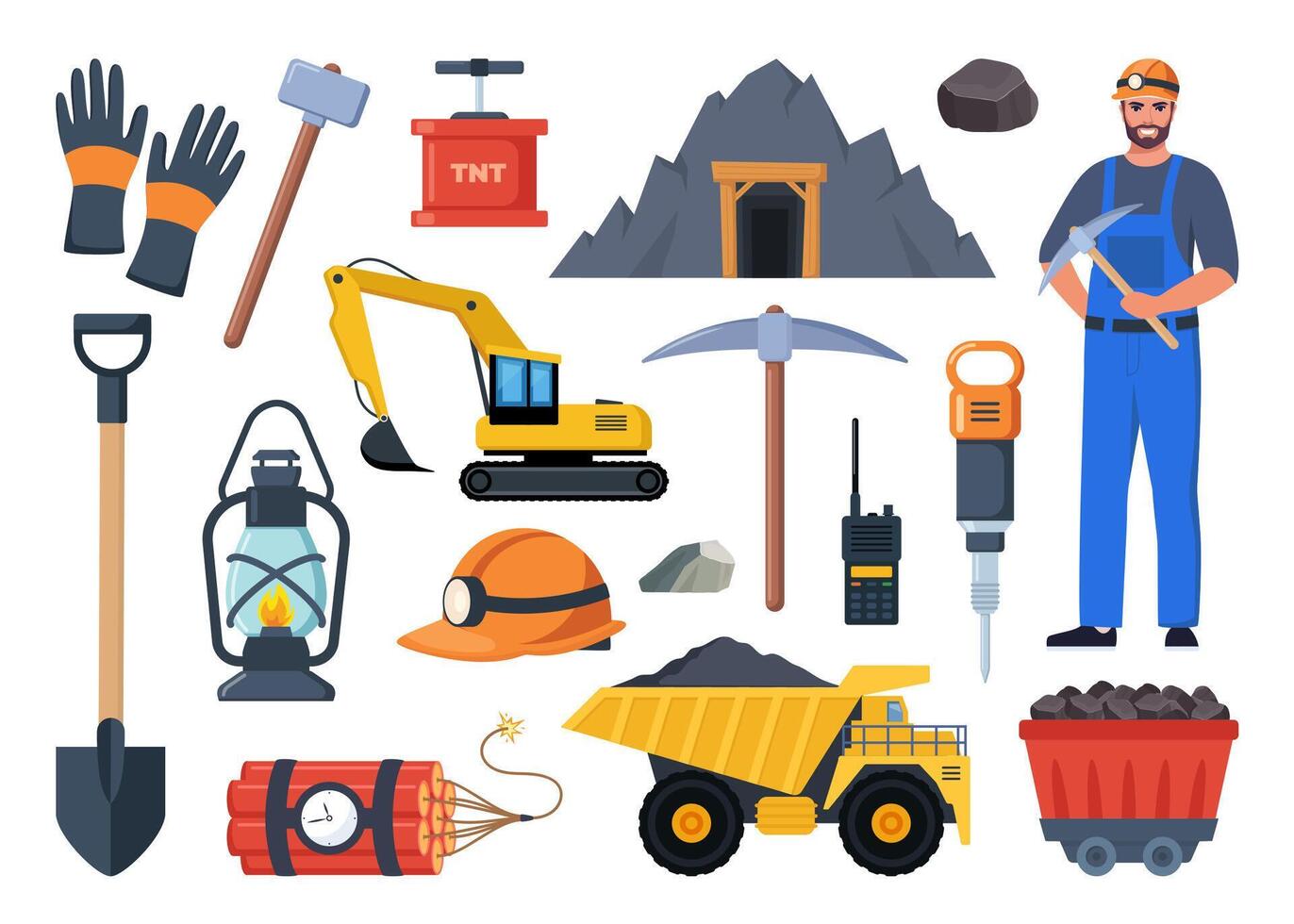 Mining coal industry icons, set. Tools and equipment for manufacture, truck and mine, mineral fuel, miner symbol, signs of machinery and dump. illustration. vector