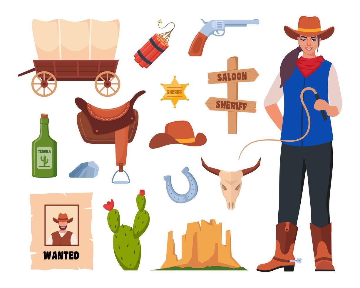 salvaje Oeste iconos, colocar. occidental y vaquero elementos. letrero, salón puerta, querido póster, alguacil insignia, cactus, vaca cráneo, vaquero sombrero, revólver, vagón. Texas simbolos vector