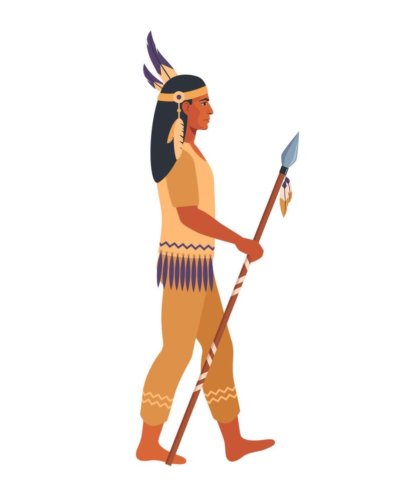nativo americano indio en tradicional indio ropa con un lanza. vector