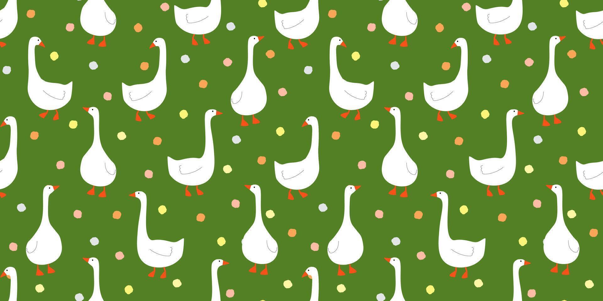 Seamless pattern with geese on a background of abstract dots, confetti. Funny abstract pattern with birds. vector