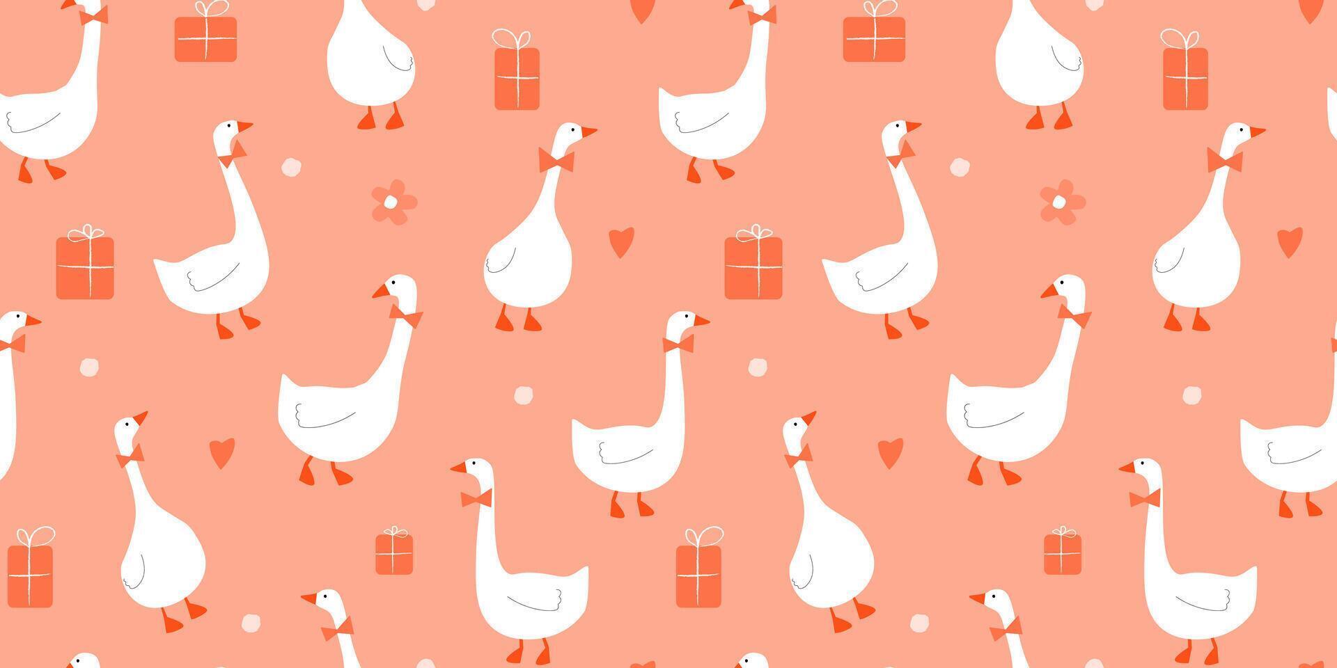 Seamless pattern with holiday geese, gift boxes, hearts, flowers. Abstract greeting print with birds for packaging, fabric. vector