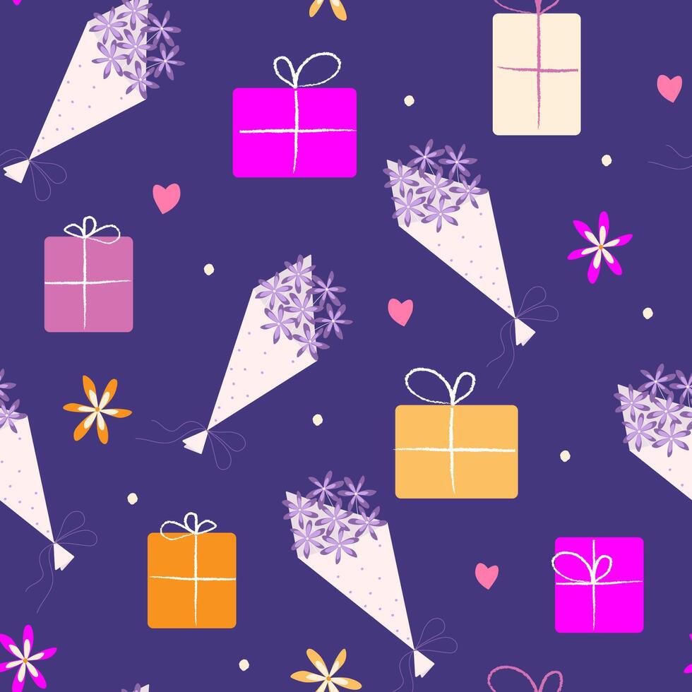 Seamless pattern with gifts decorated with boxes, flowers, bouquets on a background of hearts, dots. Festive abstract print. vector