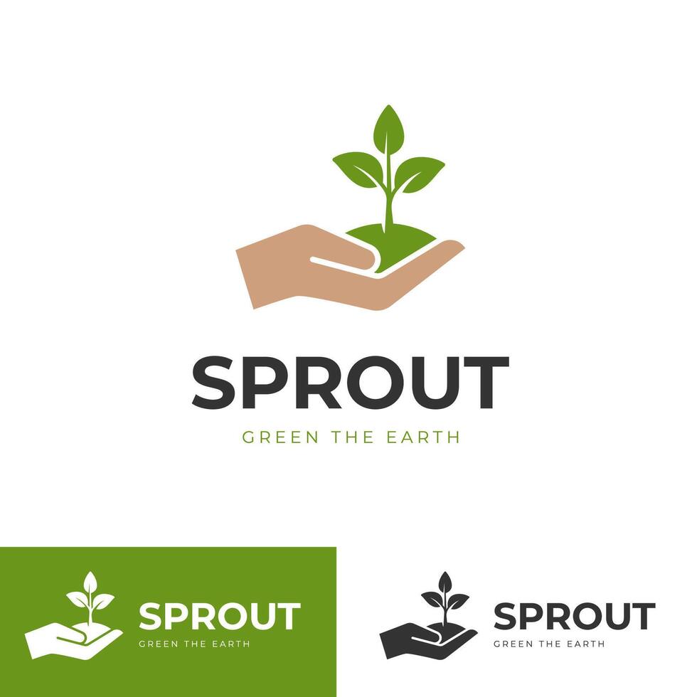 sprout plant development logo icon design with hand holding seed tree for greening earth logo template vector