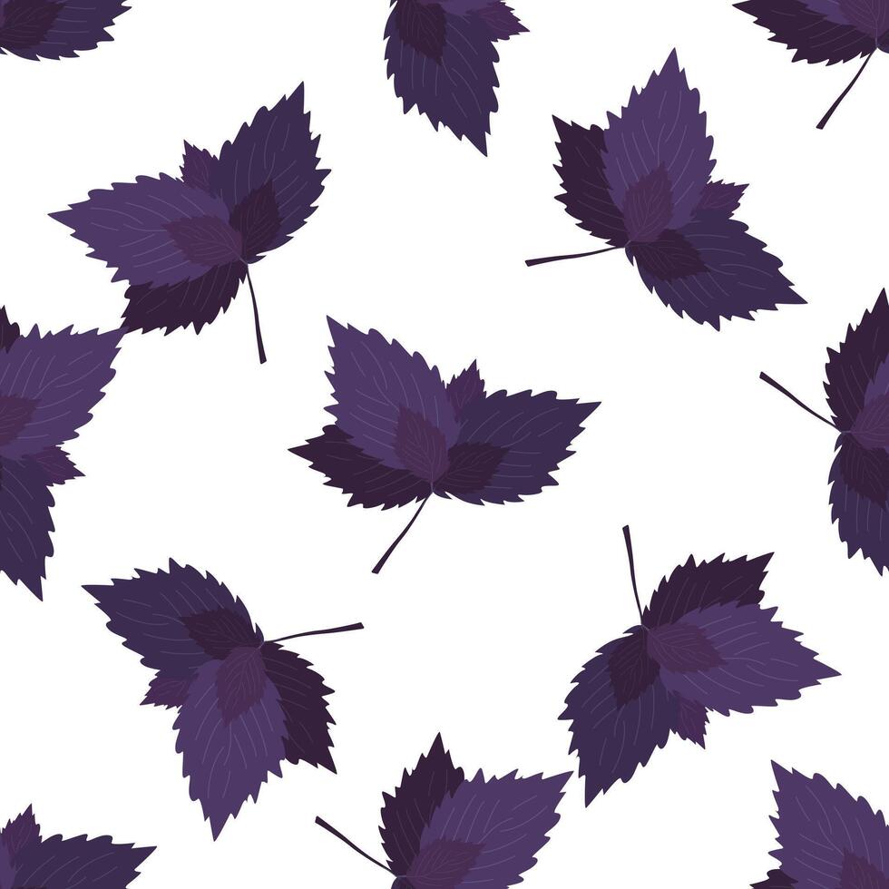 Fresco hierbas y especias condimentos sin costura modelo. púrpura albahaca hojas. diseño de embalaje, fondo, póster, volantes. plano ilustración. vector