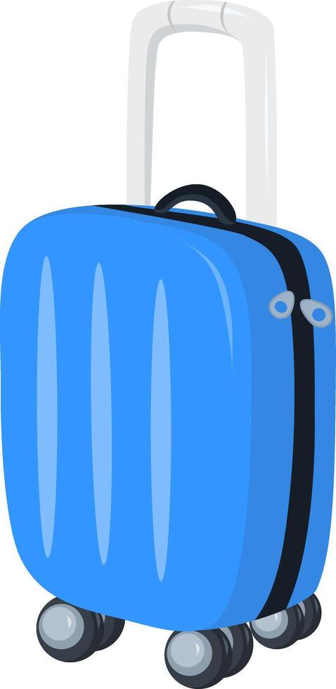 Travel suitcase. Large blue polycarbonate travel plastic suitcase with wheel. Art design traveler luggage. Concept of travel, vacations, adventures, tourism, luggage, bag. flat illustration vector