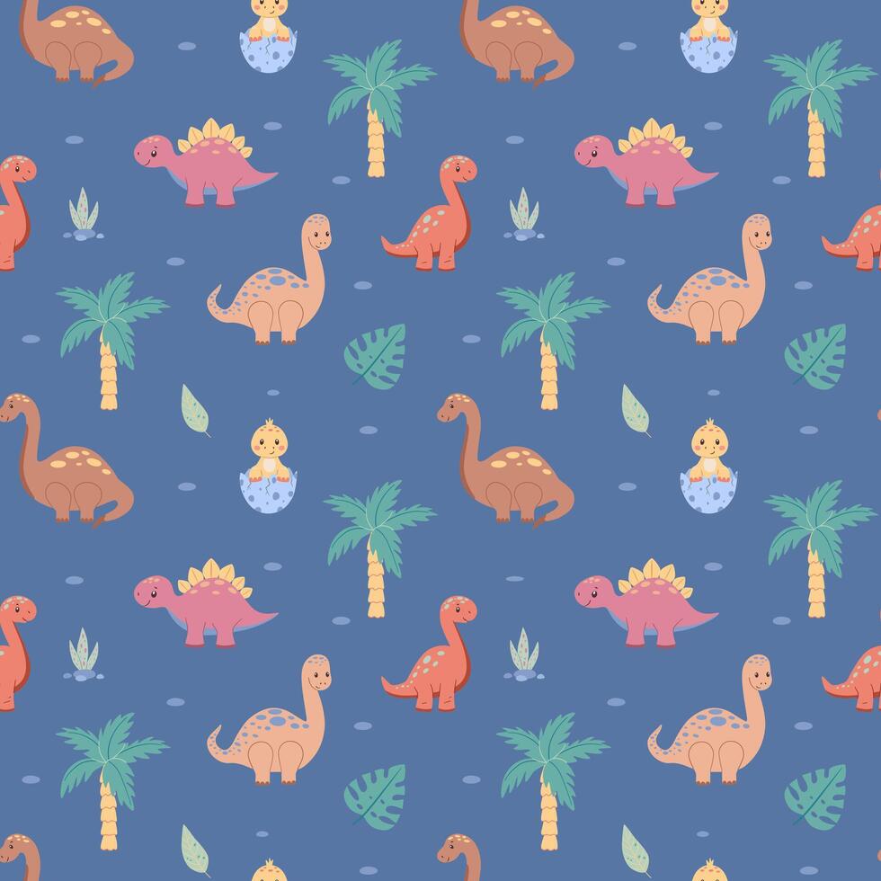 Bright childish seamless pattern with dinosaurs. Cute animals, trees, colorful cartoon illustration for kids decor and textiles. vector