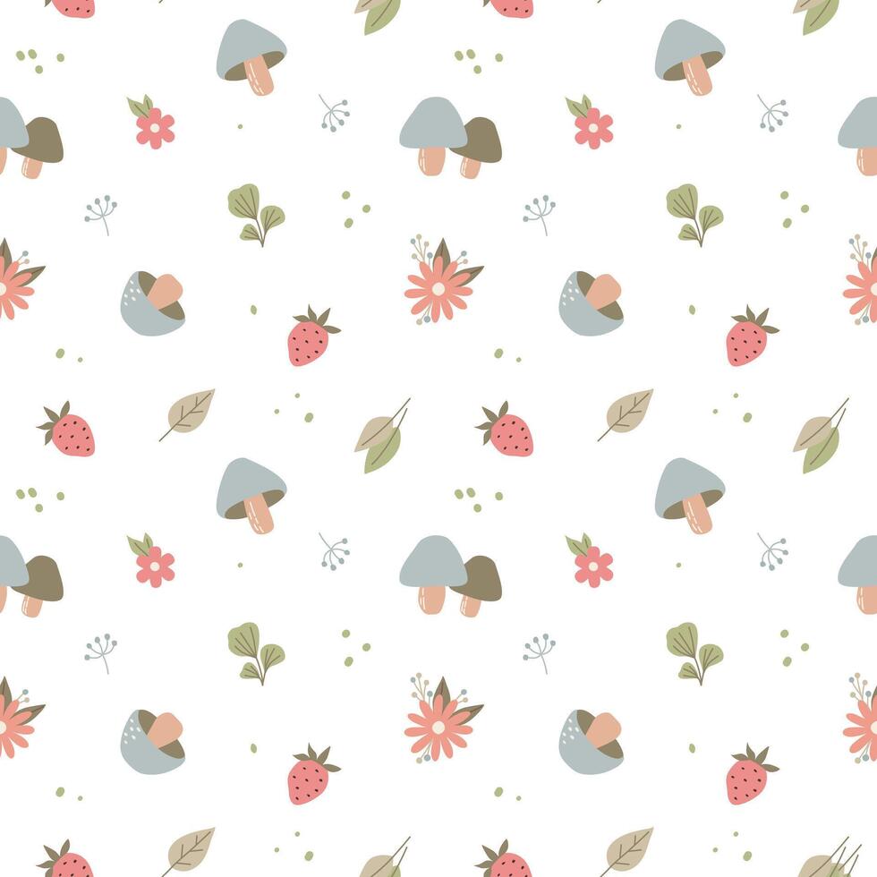 Seamless pattern with childish forest plants twigs leaves flowers mushrooms. Cute illustration for child textiles, design. vector