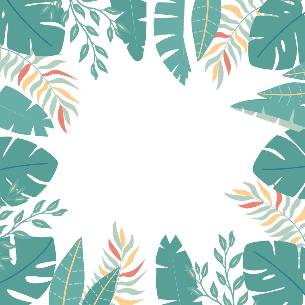 Frame with tropical leaves. Square summer background, space for text. Flat illustration. vector