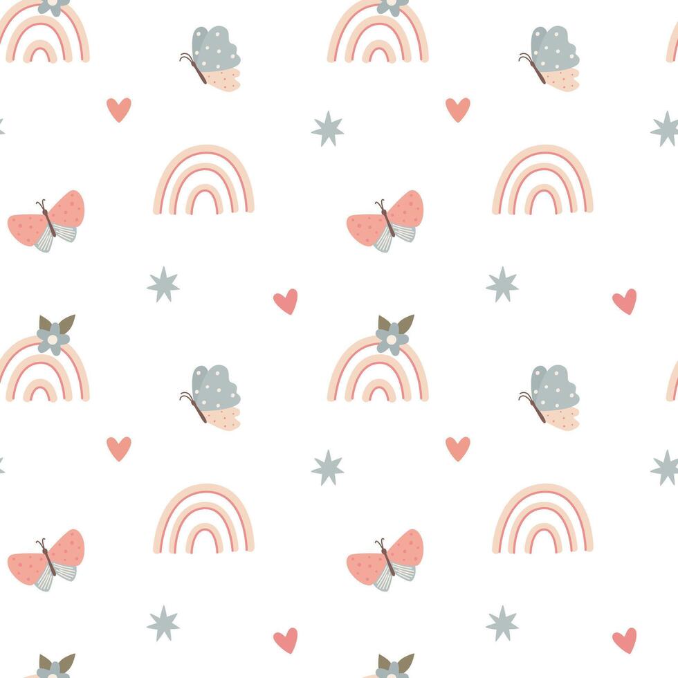 Cute seamless pattern with childish doodle rainbows and butterfly. Design for textiles, nursery vector